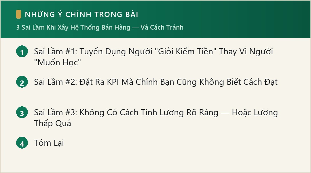Những ý chính trong bài: 3 Sai Lầm Khi Xây Hệ Thống Bán Hàng — Và Cách Tránh