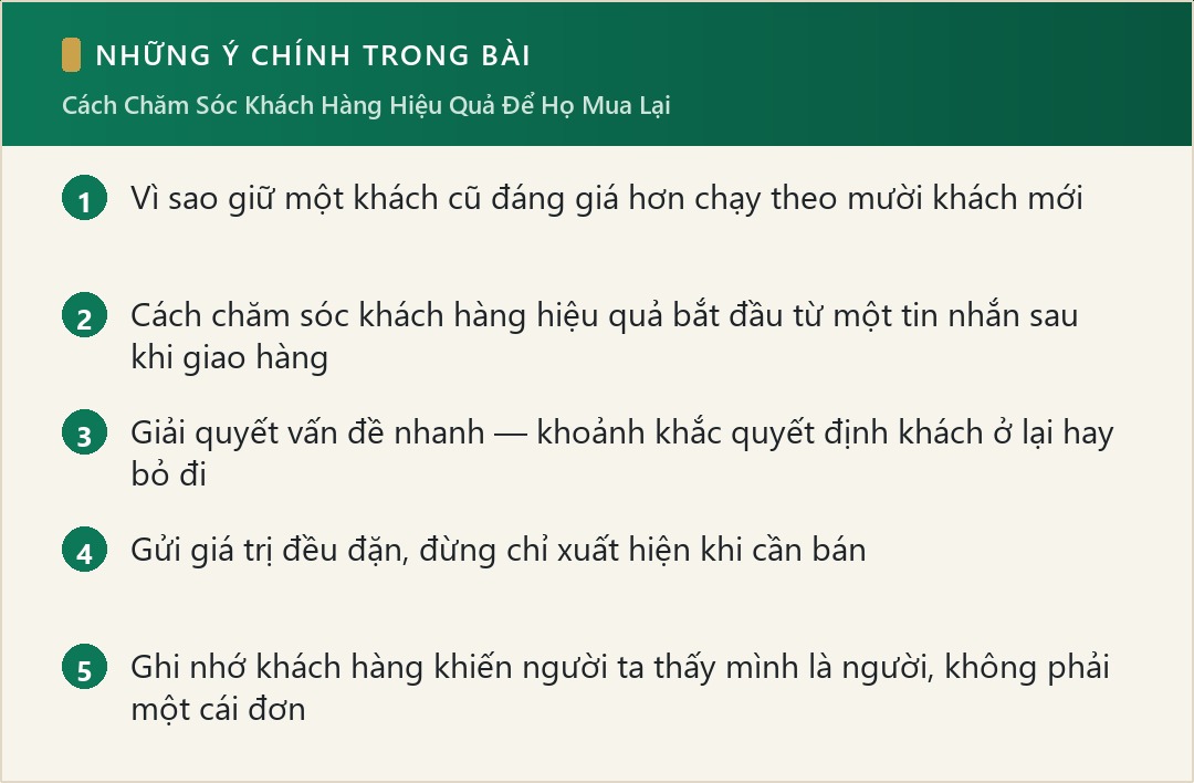 Những ý chính trong bài: Cách Chăm Sóc Khách Hàng Hiệu Quả Để Họ Mua Lại