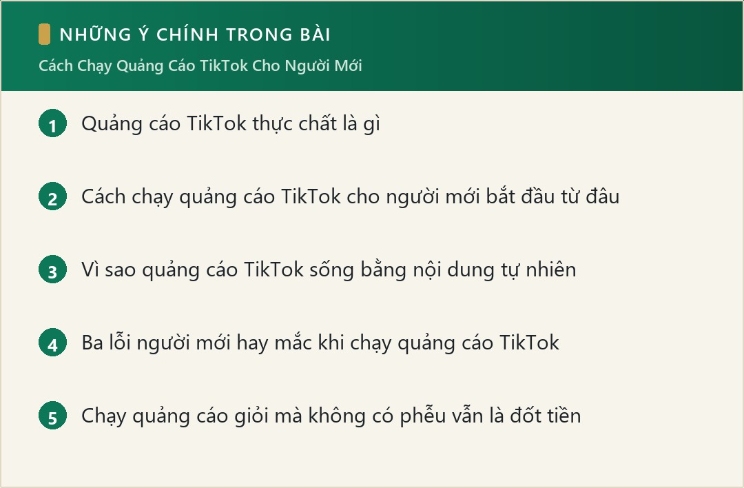 Những ý chính trong bài: Cách Chạy Quảng Cáo TikTok Cho Người Mới