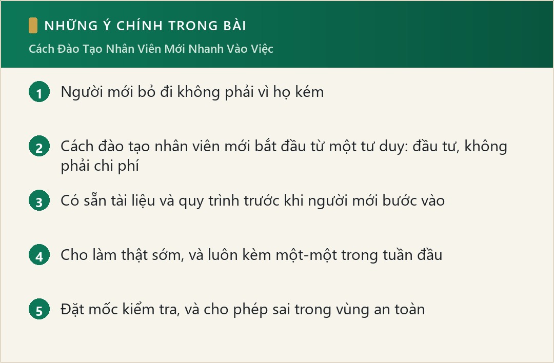 Những ý chính trong bài: Cách Đào Tạo Nhân Viên Mới Nhanh Vào Việc