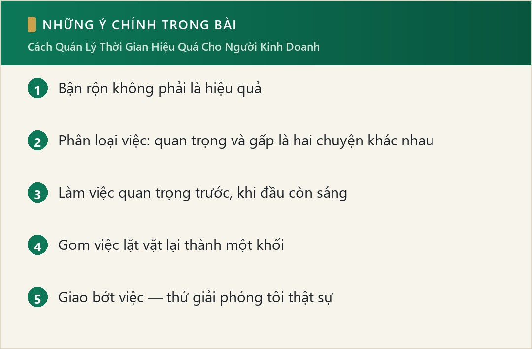 Những ý chính trong bài: Cách Quản Lý Thời Gian Hiệu Quả Cho Người Kinh Doanh