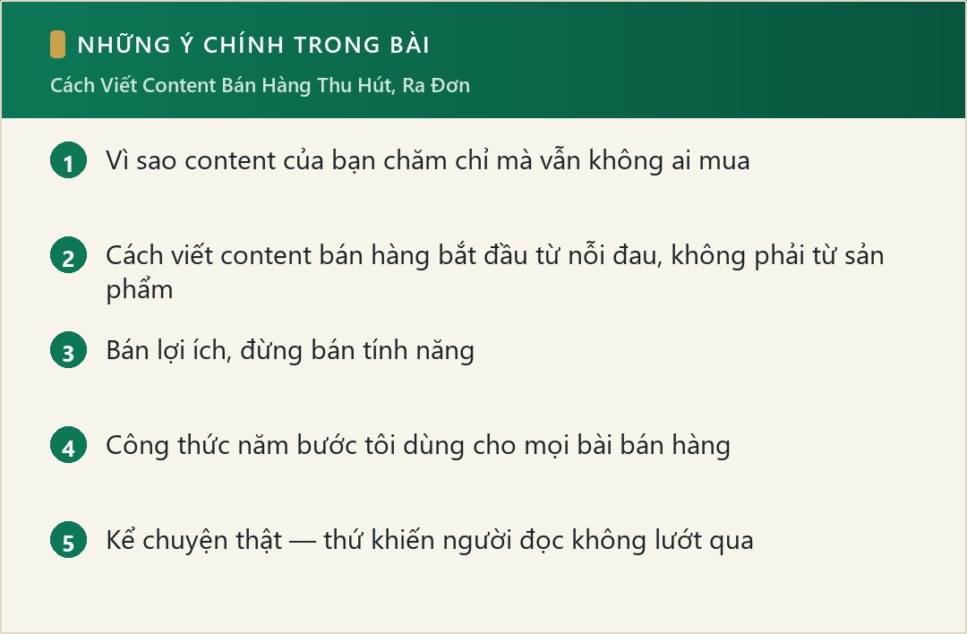 Những ý chính trong bài: Cách Viết Content Bán Hàng Thu Hút, Ra Đơn