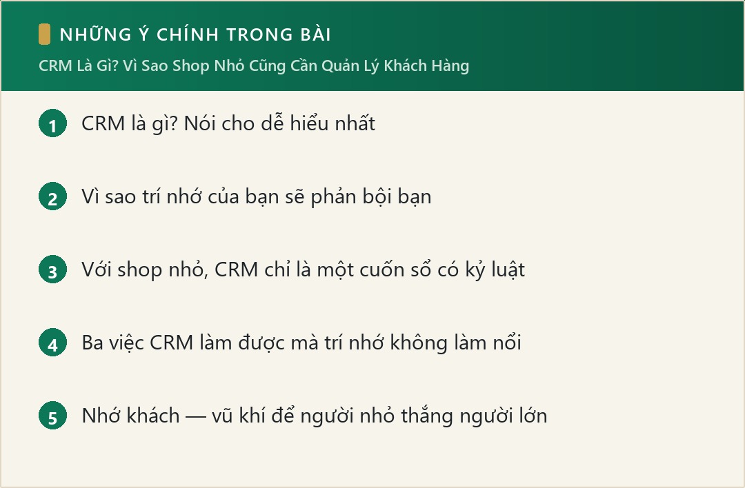 Những ý chính trong bài: CRM Là Gì? Vì Sao Shop Nhỏ Cũng Cần Quản Lý Khách Hàng