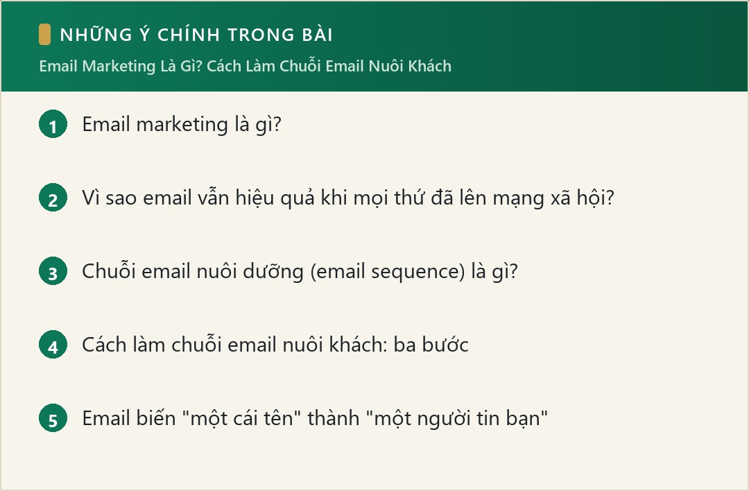 Những ý chính trong bài: Email Marketing Là Gì? Cách Làm Chuỗi Email Nuôi Khách