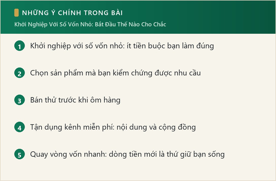 Những ý chính trong bài: Khởi Nghiệp Với Số Vốn Nhỏ: Bắt Đầu Thế Nào Cho Chắc