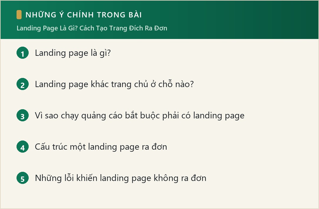 Những ý chính trong bài: Landing Page Là Gì? Cách Tạo Trang Đích Ra Đơn