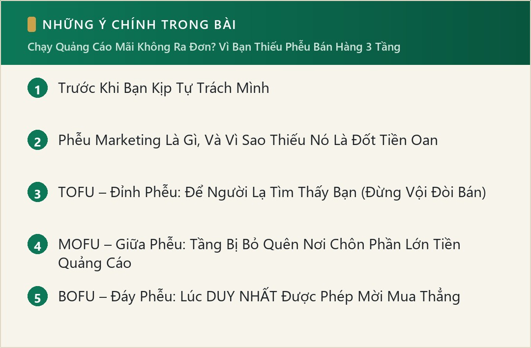 Những ý chính trong bài: Chạy Quảng Cáo Mãi Không Ra Đơn? Vì Bạn Thiếu Phễu Bán Hàng 3 Tầng
