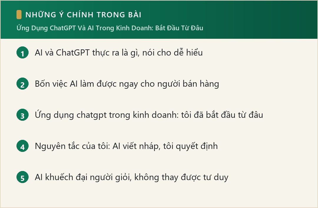 Những ý chính trong bài: Ứng Dụng ChatGPT Và AI Trong Kinh Doanh: Bắt Đầu Từ Đâu