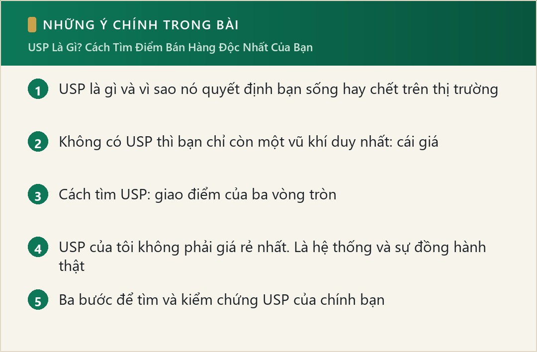 Những ý chính trong bài: USP Là Gì? Cách Tìm Điểm Bán Hàng Độc Nhất Của Bạn