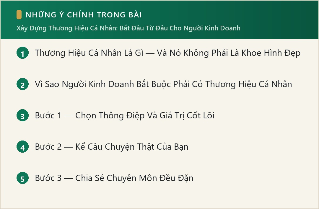 Những ý chính trong bài: Xây Dựng Thương Hiệu Cá Nhân: Bắt Đầu Từ Đâu Cho Người Kinh Doanh